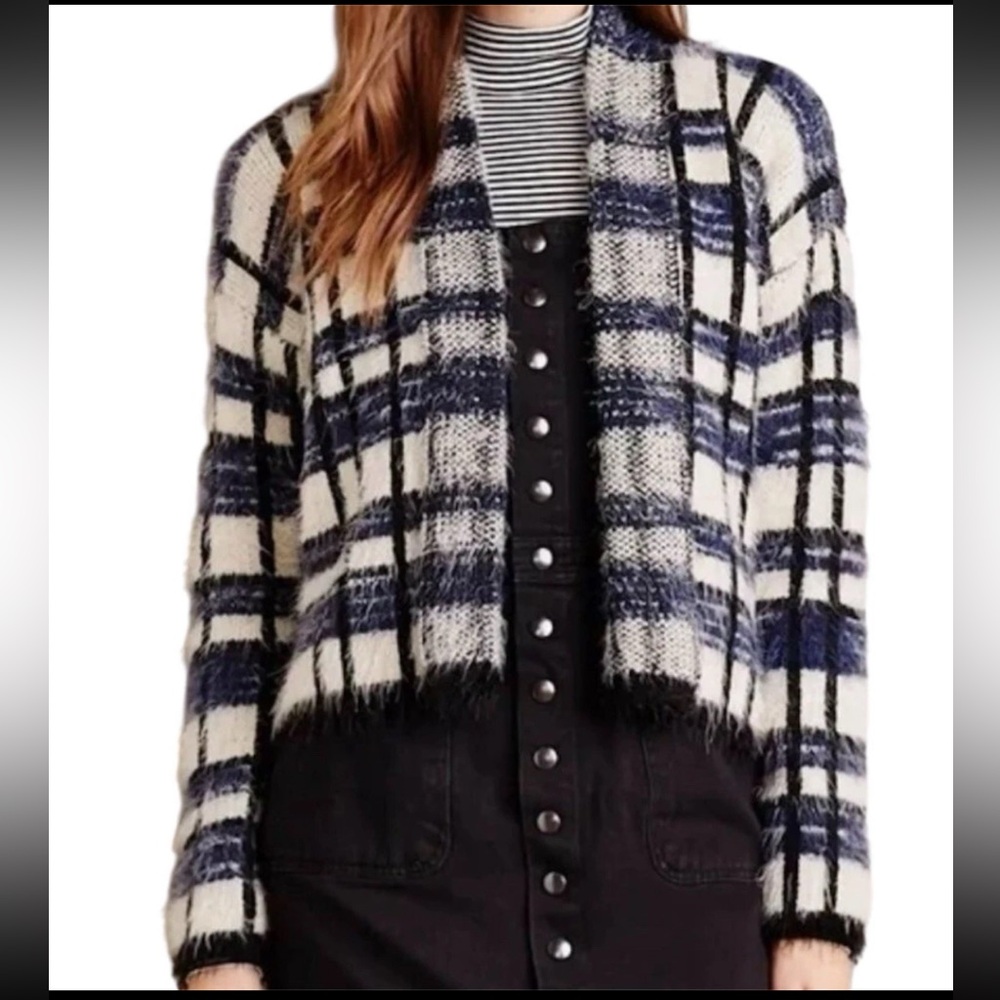 Anthropologie La Fee Verte Womens Cardigan Eyelash Plaid Sweater Blue Fuzzy